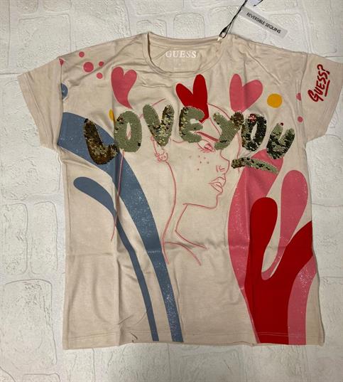 T-SHIRT MC GUESS J3RI22KAPO0-G1V1 BEIGE SCRITTA PAILETTES JUNIOR