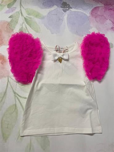 T-SHIRT MC ANGEL'S FACE BIANCO MANICHE TULLE FUCSIA BABY